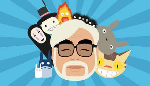 Ilustración de Hayao Miyazaki y sus personajes icónicos