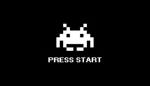 Icono de marciano de tetris y texto press start