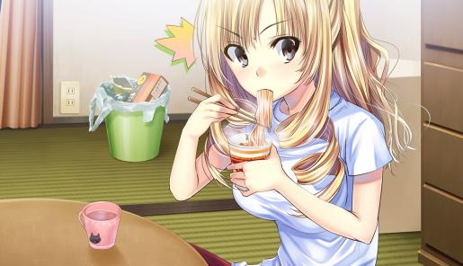 Chica anime comiendo ramen instantáneo